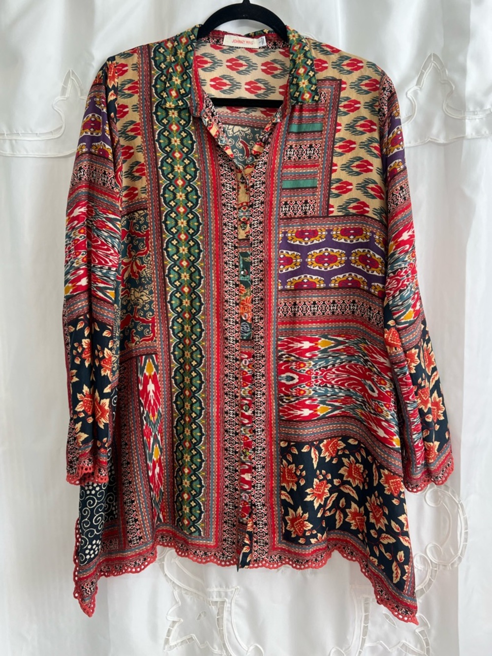 Johnny Was 100% Silk Patchwork Mixed Print Tunic Blouse Boho Size S